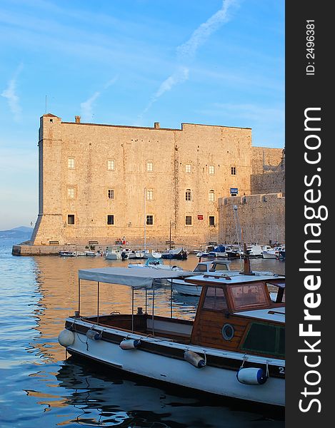 Small boats in old port of Dubrovnik