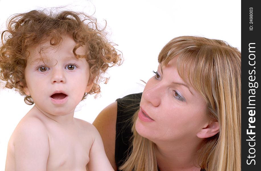 Baby girl and her mom, white isolated, family concept. Baby girl and her mom, white isolated, family concept