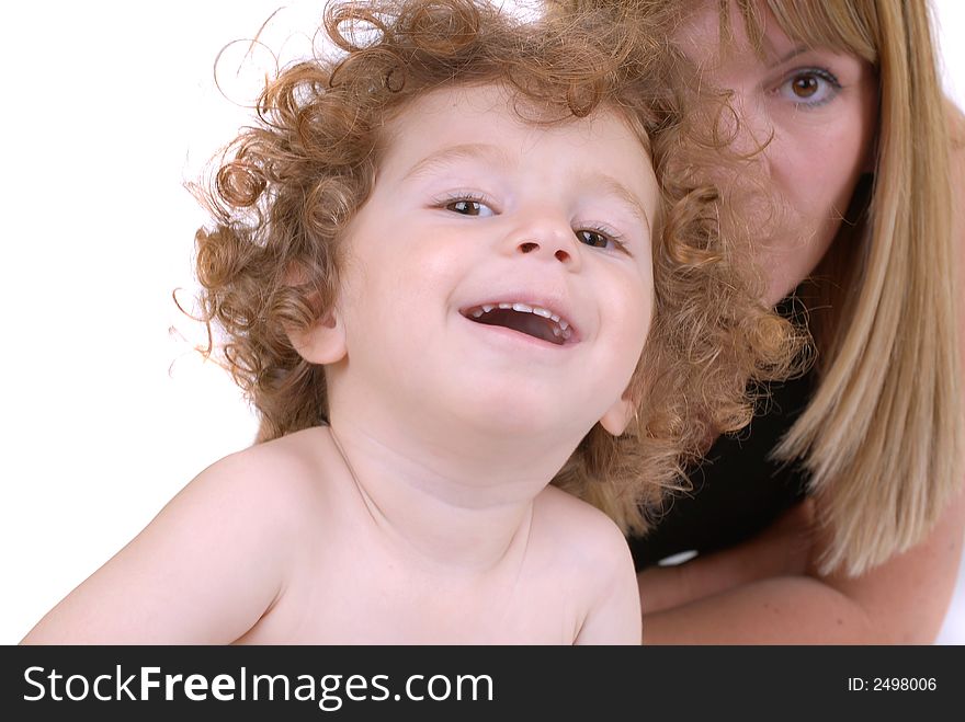 Daughter and mom playing, white isolated. Daughter and mom playing, white isolated