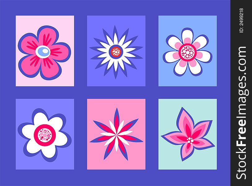 Six stylized flower elements on a multi-colored background.