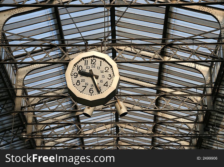 Railway station clock in Paris. Gare de L'Est.