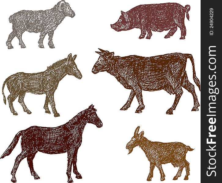 Vector drawing of a different farm animals.