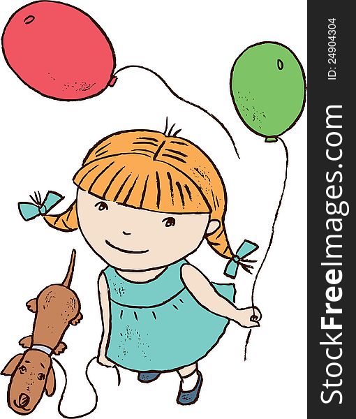 Vector image of a little girl walking with dog and balloons. Vector image of a little girl walking with dog and balloons.