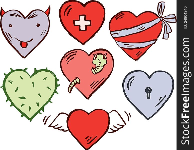 Vector drawing of a different hearts.