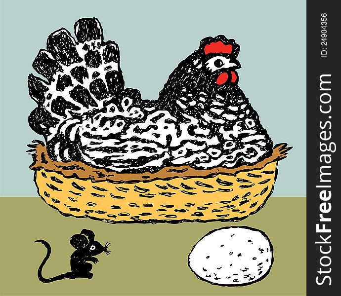 Vector image of a hen in the basket, of egg and mouse. Vector image of a hen in the basket, of egg and mouse.
