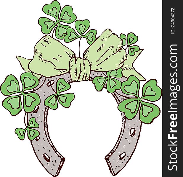 Vector drawing of a horseshoe with a bow and shamrock. Vector drawing of a horseshoe with a bow and shamrock.