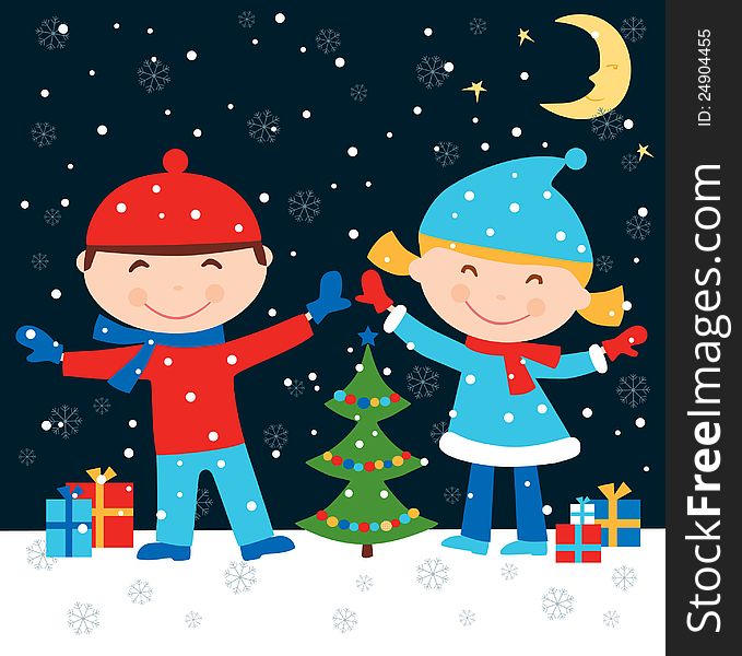 Vector image of two children at a Christmas tree on New Year's night. Vector image of two children at a Christmas tree on New Year's night.