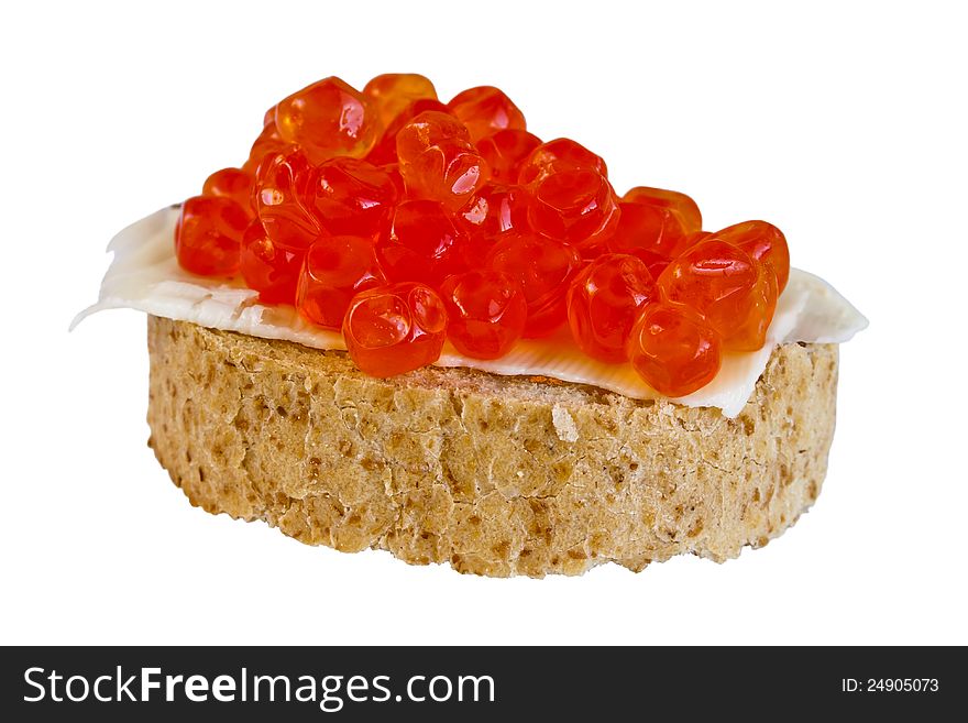 Red caviar sandwich isolated over white background