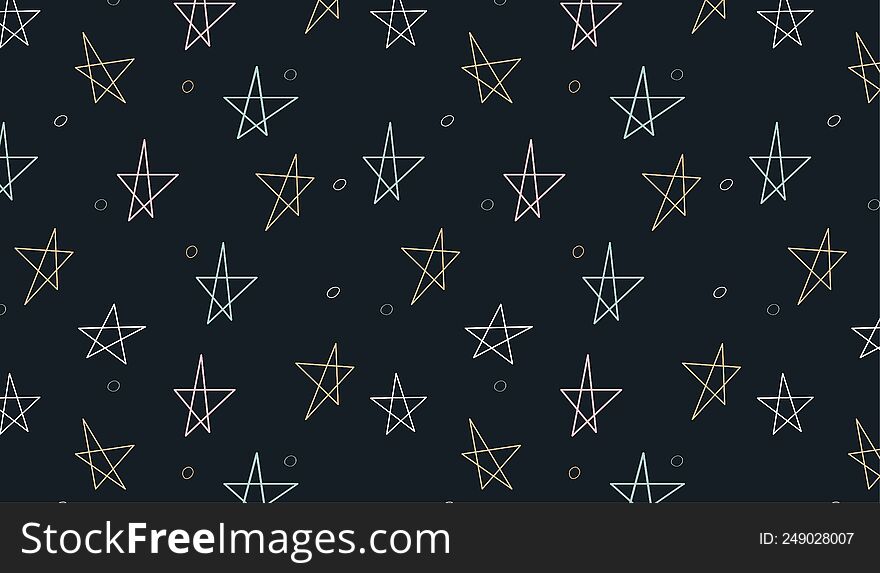 Seamless  pattern with colorful stars and dots. Festive print on dark background. Hand drawn doodle pattern for satationery