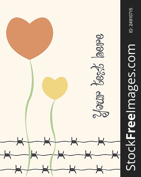 Flowers of heart with barbed wire and a empty space to write your own text. Flowers of heart with barbed wire and a empty space to write your own text