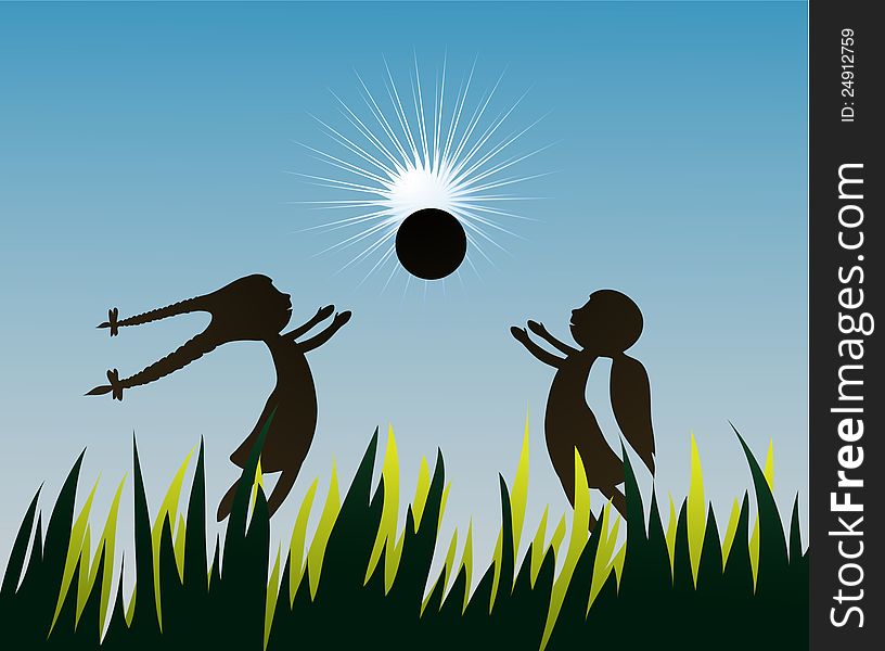Silhouette of girls playing outdoors. Silhouette of girls playing outdoors