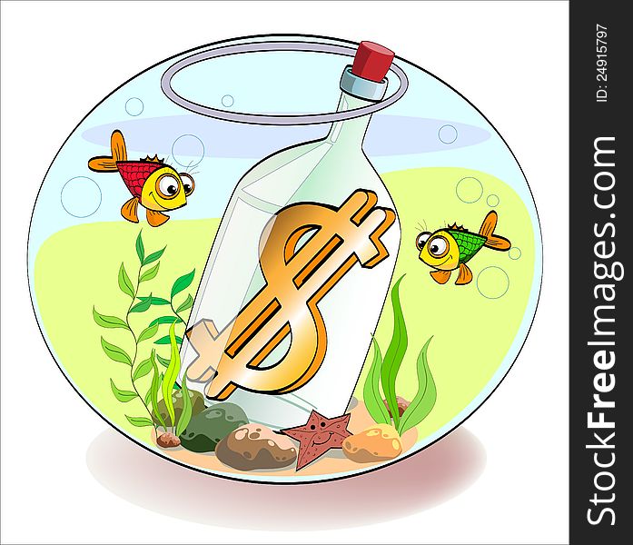 A gold dollar sign in the bottle, which lies in aquarium with fish. A gold dollar sign in the bottle, which lies in aquarium with fish