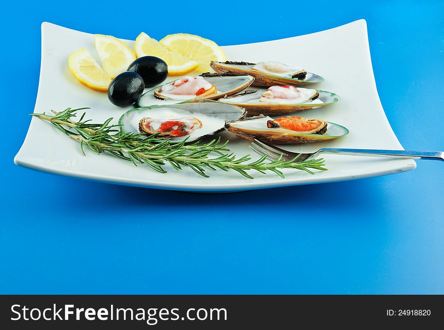 A dish with mussels with sauce bechamel with olives, lemon and rosemary. A dish with mussels with sauce bechamel with olives, lemon and rosemary