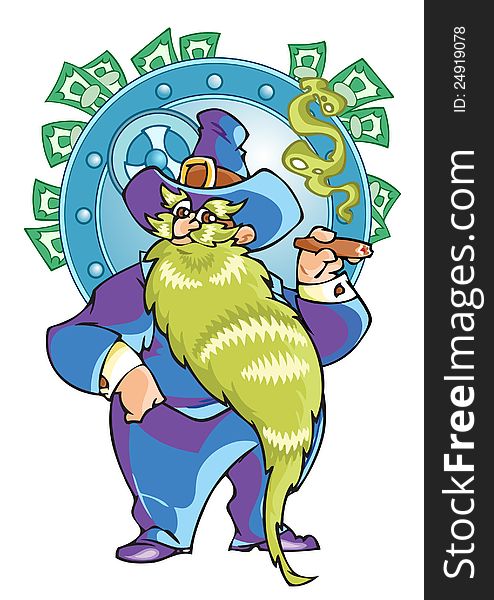 The illustration shows the tycoon in a cartoon style. This is a fat man with a beard, wearing his hat and he smokes a cigar. He stands against the backdrop of a safe with money bills. The illustration shows the tycoon in a cartoon style. This is a fat man with a beard, wearing his hat and he smokes a cigar. He stands against the backdrop of a safe with money bills.