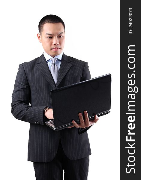 Young Asian Businessman Holding Laptop