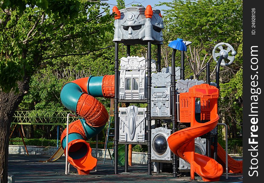 Robot platground slides in park. Robot platground slides in park