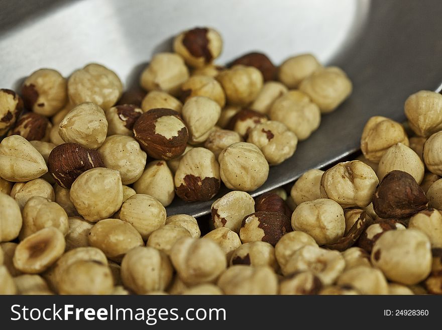 Close up shot of salted hazelnuts