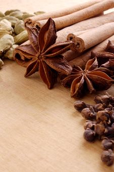 Various Spices On The Wooden Board Stock Photo