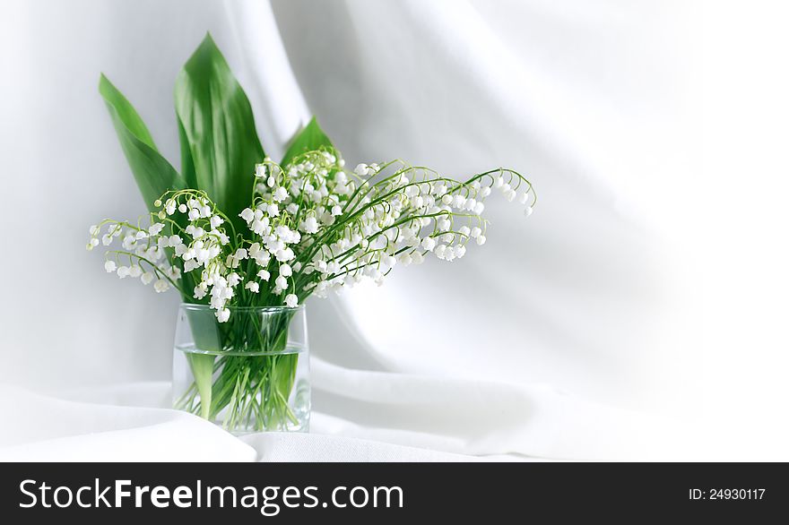 Lily of the valley in glass vase on white textile background with free space for text