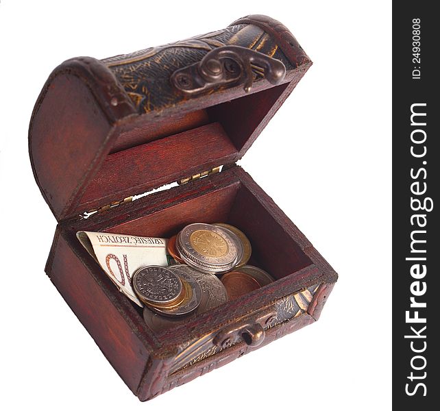 Chest with coins isolated white background