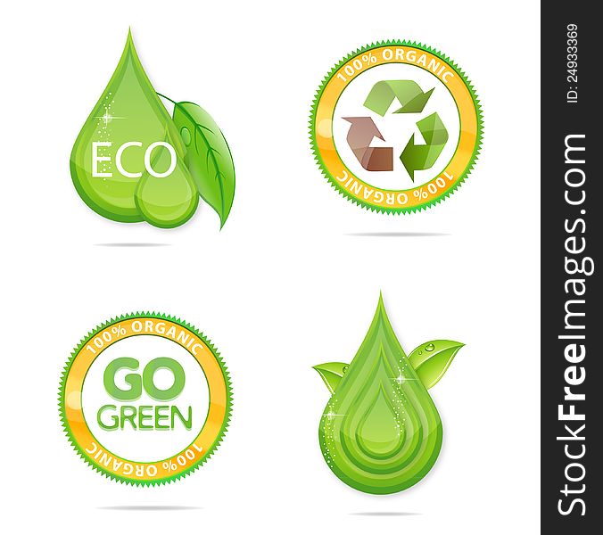 Eco green drops and emblems set isolated