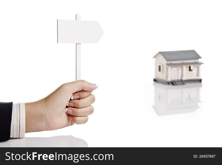 Real estate agent holding empty sign. Real estate agent holding empty sign