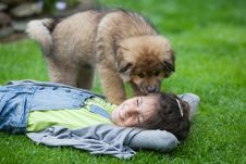 Cute Puppy Licks A Girl Lying In The Grass Royalty Free Stock Photos Cute Puppy Licks A Girl Lying In The Grass Royalty Free Stock Photos