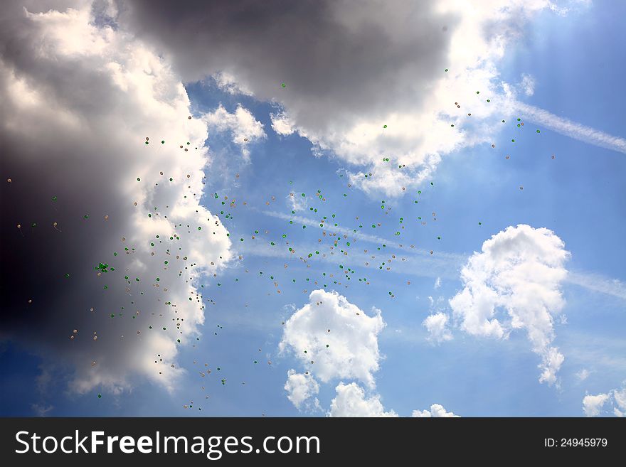 Cloudy sky blue with balloons. Cloudy sky blue with balloons