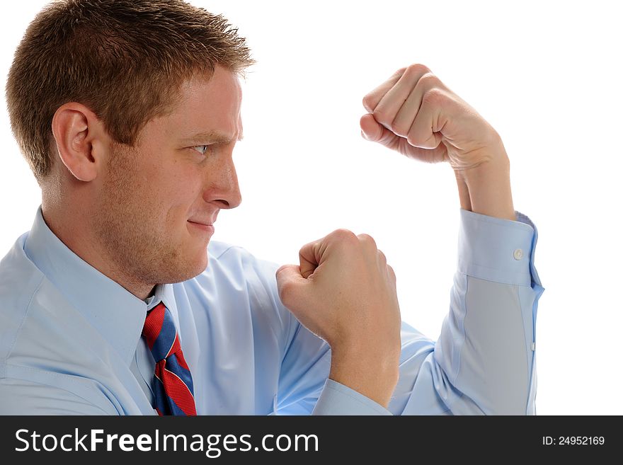Young Businessman showing fists and ready to fight isolated on a white background