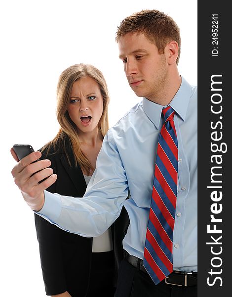 Young Businesspeople with cell phone isolated on a white background