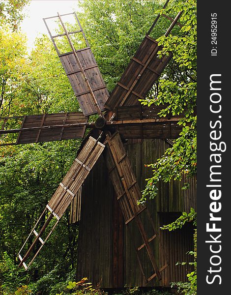 Wooden Windmill facade of the 15th century (folk style of Hutsul, Carpathian mountains, Ukraine)