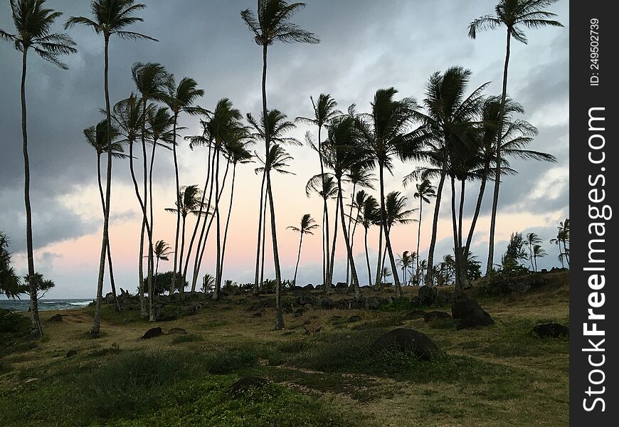 Sunset during Full Moon in June at Hikinaakala Heiau in Wailua on Kauai Island, Hawaii.