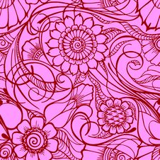 Seamless Floral Pattern, Oriental Motifs, Contour Burgundy Floral Pattern On A Pink Background, Texture, Background Stock Image