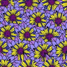 Seamless Floral Pattern Of Yellow-blue Sunflowers, Bright Repeating Pattern, Ukrainian Theme, Texture Royalty Free Stock Image