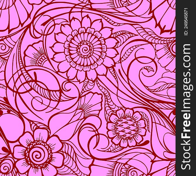 Seamless Floral Pattern, Oriental Motifs, Contour Burgundy Floral Pattern On A Pink Background, Texture, Background