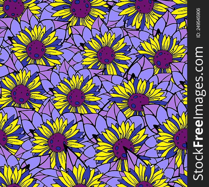 Seamless Floral Pattern Of Yellow-blue Sunflowers, Bright Repeating Pattern, Ukrainian Theme, Texture