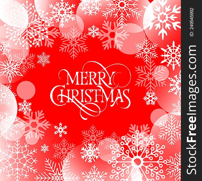 merry christmas greeting card, text and snowflakes on red background, design