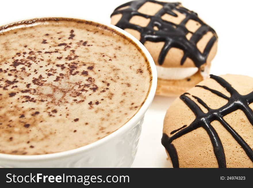 Cappuccino and cookies on white