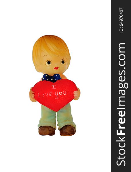 Resin of boy doll hold red heart present love concept