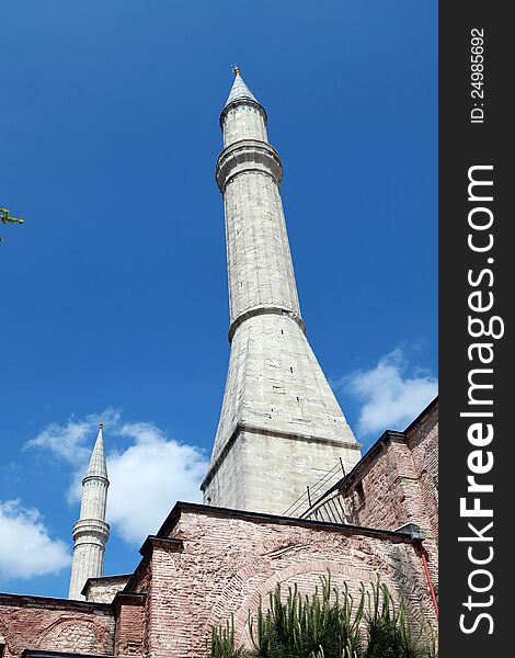 The Minaret of Hagia Sophia Mosque or Hagia Sophia Church, Istanbul. The Minaret of Hagia Sophia Mosque or Hagia Sophia Church, Istanbul.