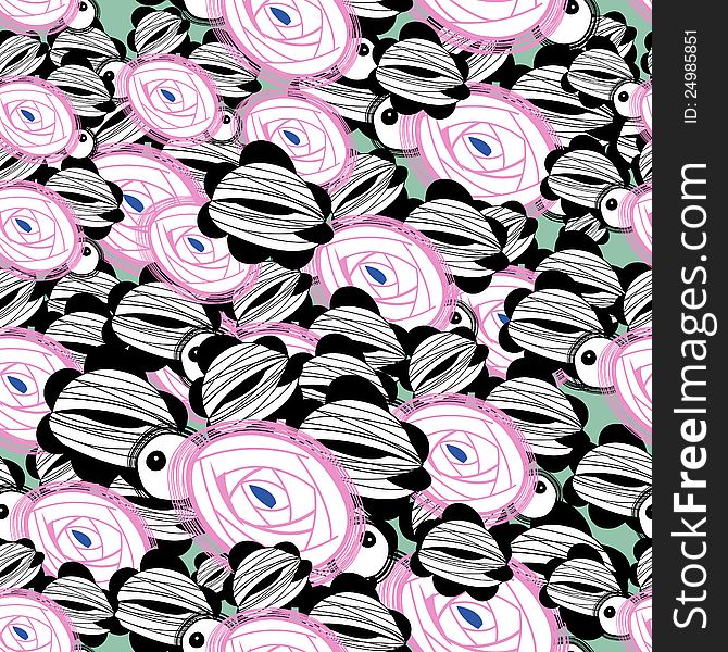 Seamless pattern with abstract black and pink items on a blue background. Seamless pattern with abstract black and pink items on a blue background