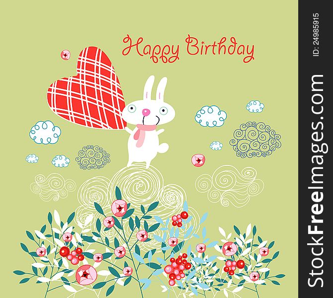 Colorful greeting card with a bunny and a heart on a green background with clouds