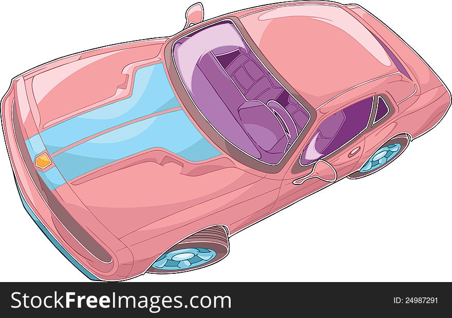 The illustration shows red car in dynamic foreshortening. Dorsal view. The illustration done in a comic book style.