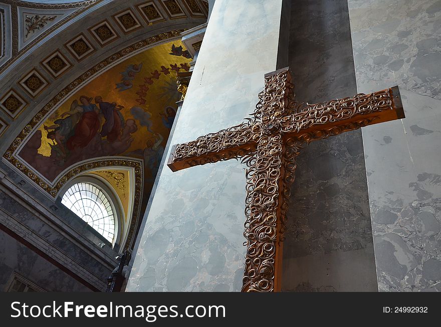 Part of christian crucifix inside esztergom cathedral