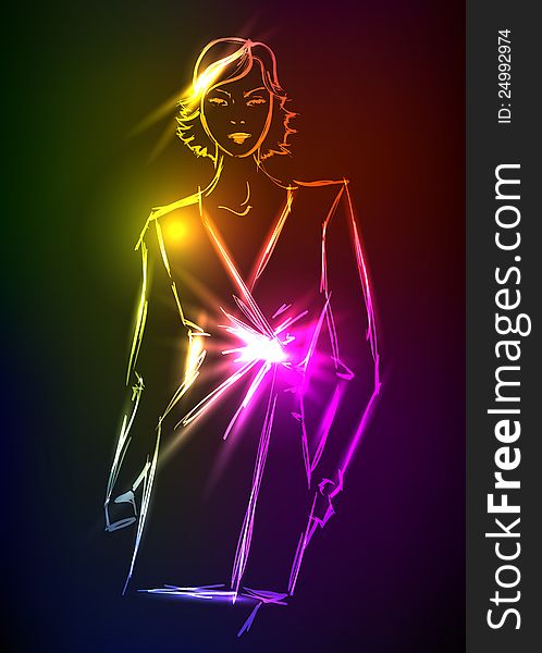 Hand-drawn fashion model from a neon. A light girl