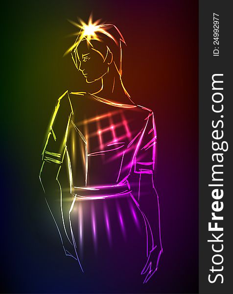 Hand-drawn fashion model from a neon. A light girl