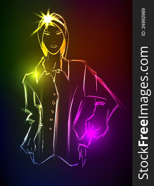 Hand-drawn fashion model from a neon. A light girl