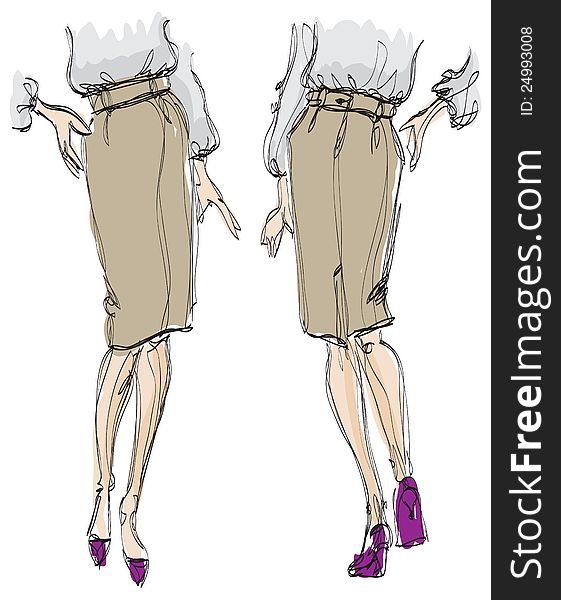 SKETCH. fashion girl. girl in a skirt and high heels shoes