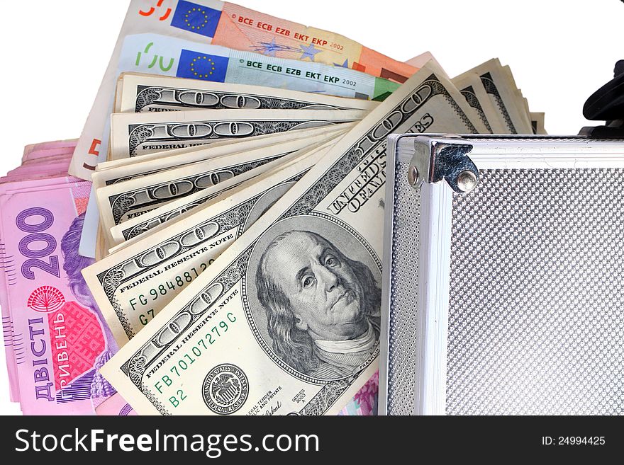 Case with money on an isolated white background