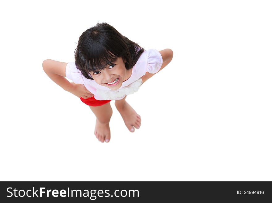 Top view Little happy fun girl  over a White Background. Top view Little happy fun girl  over a White Background